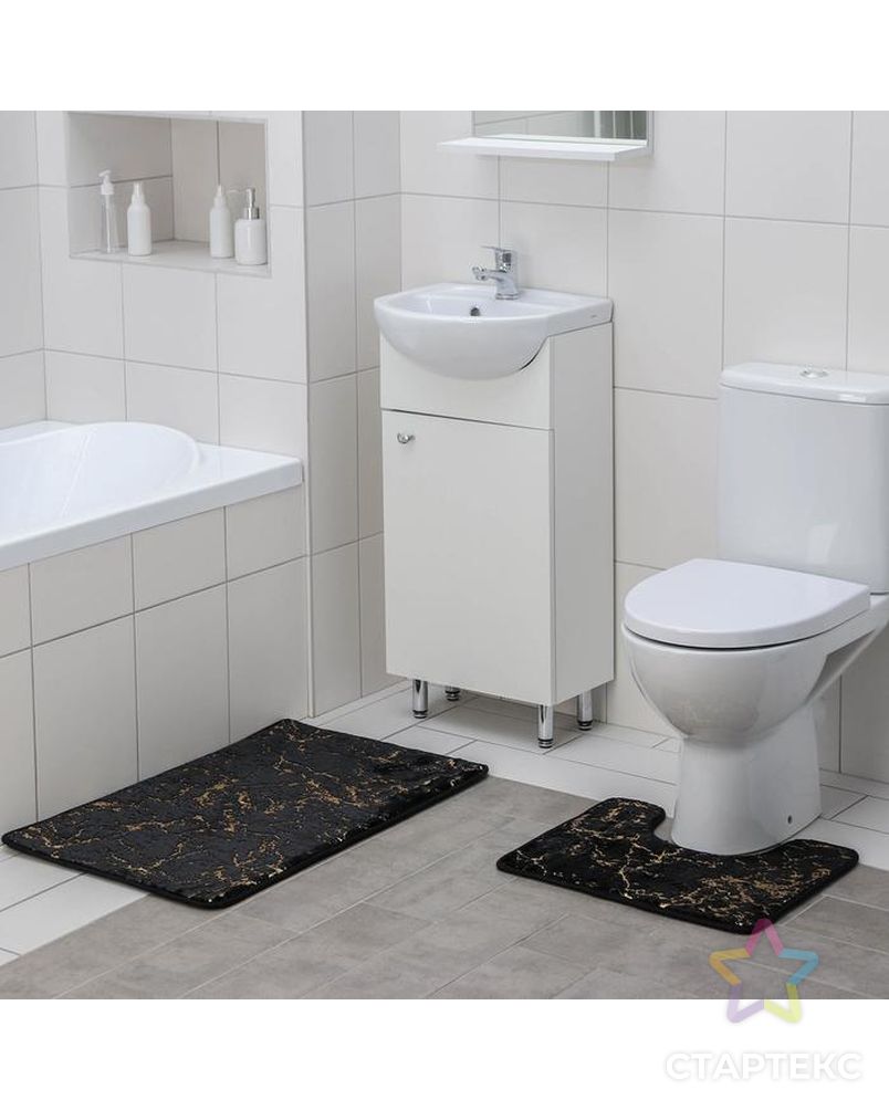 Набор ковриков для ванны и туалета 2 шт  40х50, 50х80 см "Мрамор" цвет черный арт. СМЛ-141691-1-СМЛ0005432478 2