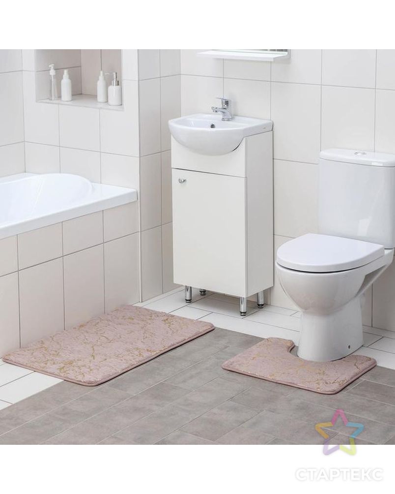 Набор ковриков для ванны и туалета 2 шт  40х50, 50х80 см "Мрамор" цвет бежевый арт. СМЛ-141692-1-СМЛ0005432479 2