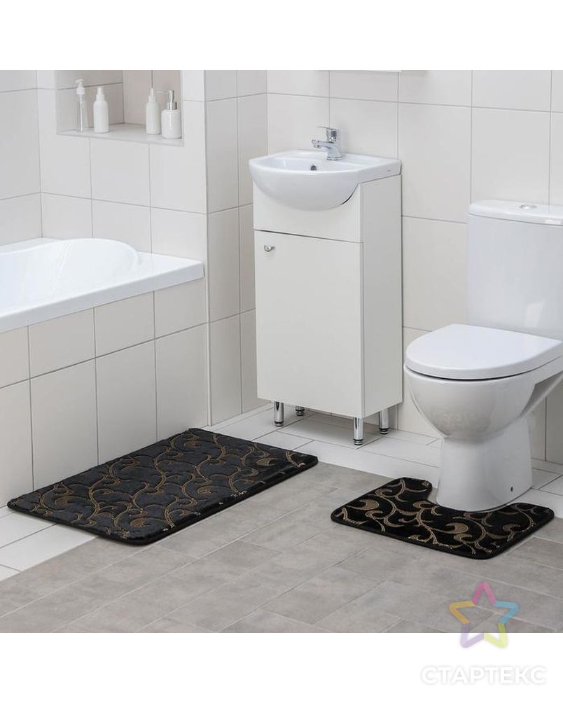 Набор ковриков для ванны и туалета 2 шт  40х50, 50х80 см "Вензель" цвет черный арт. СМЛ-141693-1-СМЛ0005432480 2
