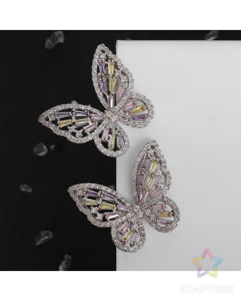 Серьги со стразами "Бабочки" сказочные, цветные в серебре арт. СМЛ-118593-1-СМЛ0005433546 1