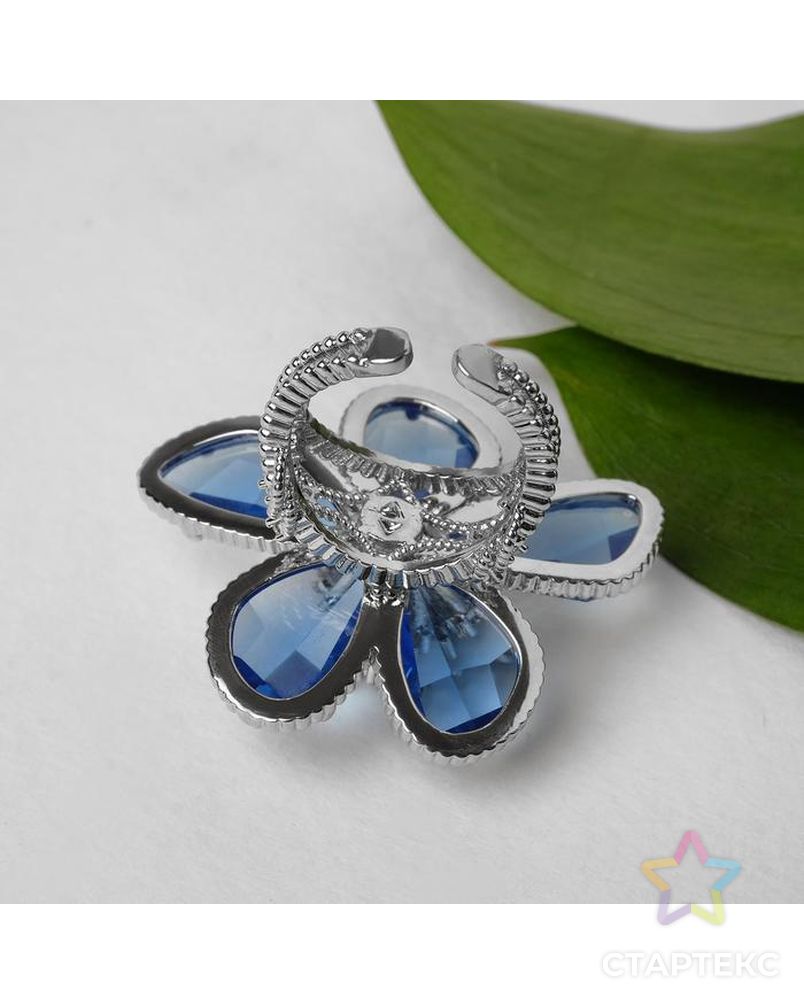 Кольцо "Цветок" волшебство, цвет бело-синий в серебре, безразмерное арт. СМЛ-125016-1-СМЛ0005433570 2