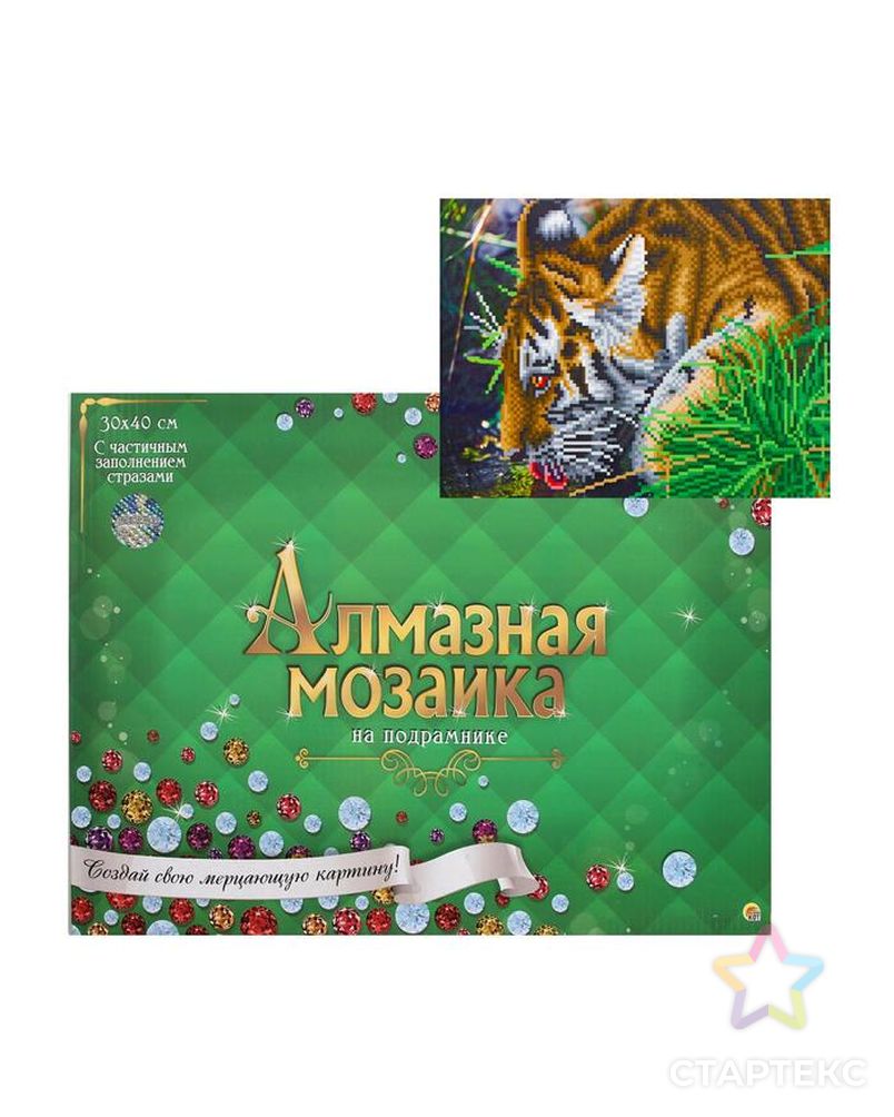 Алмазная мозаика блестящая 30х40 см, с подрамником, с частичным заполнением, 20 цветов «Тигр у ручья» арт. СМЛ-122835-1-СМЛ0005441753 1