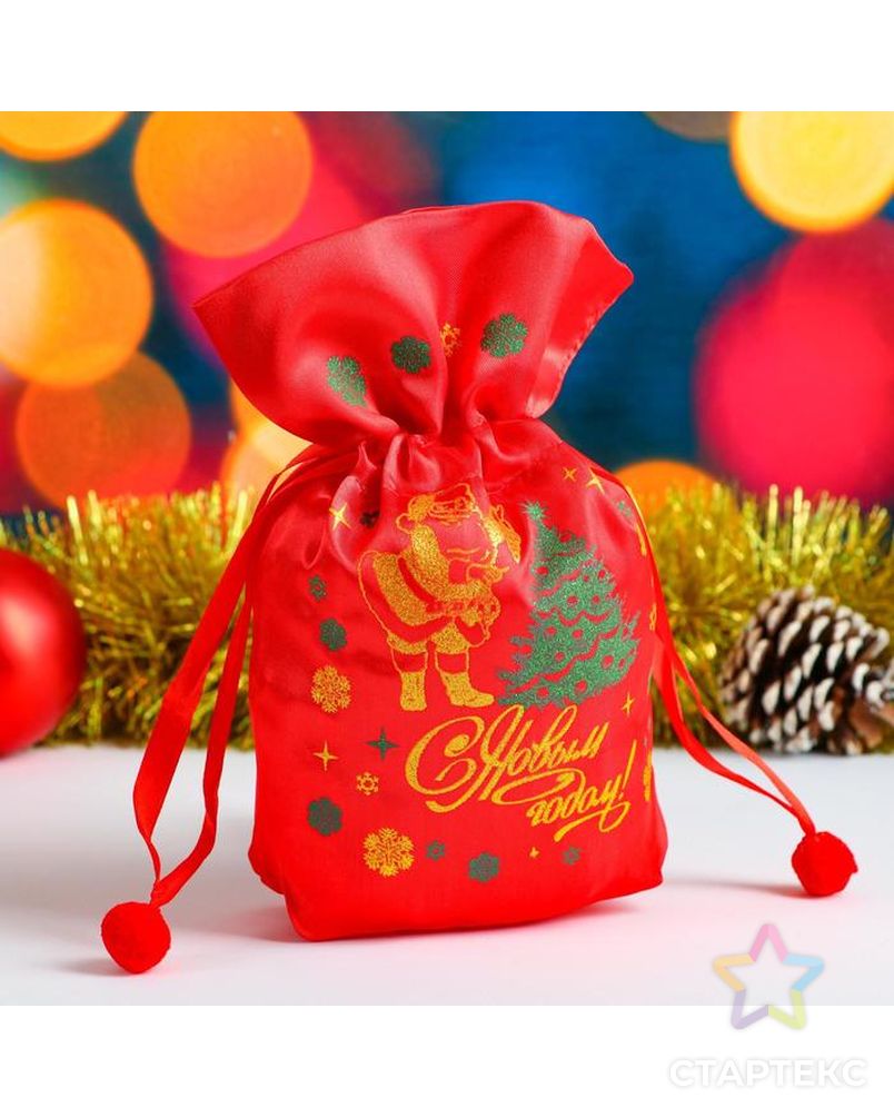 Мешок новогодний "Дед Мороз", с застяжкой, атлас, красный с золотой надписью 17х24 см арт. СМЛ-124769-1-СМЛ0005472240 1