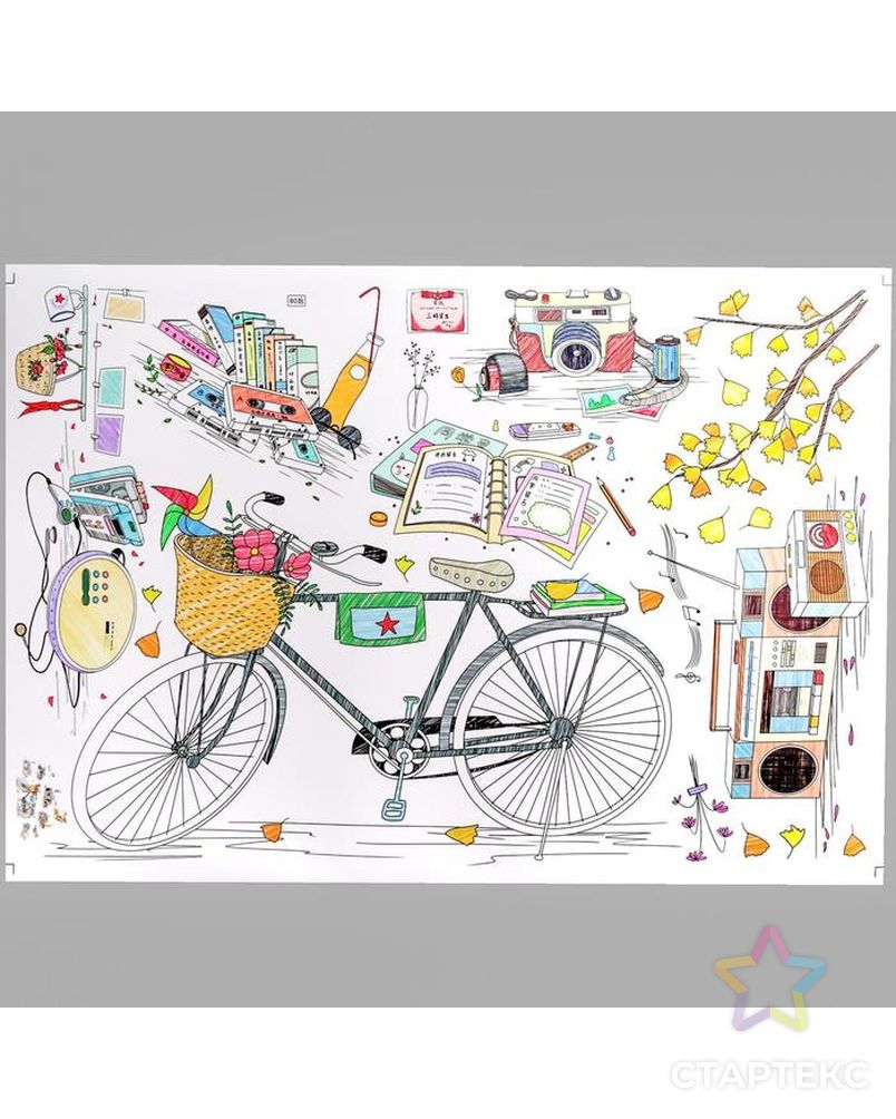 Наклейка пластик интерьерная цветная "Велосипед, магнитофон и фотоаппарат" 60х90 см арт. СМЛ-209070-1-СМЛ0005494941 2