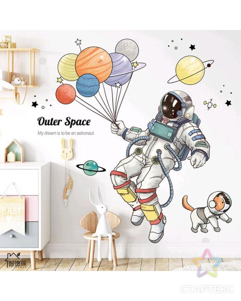 Наклейка пластик интерьерная цветная "Космонавт и планеты в связке" 30х90 см  набор2 листа арт. СМЛ-209079-1-СМЛ0005494954 1
