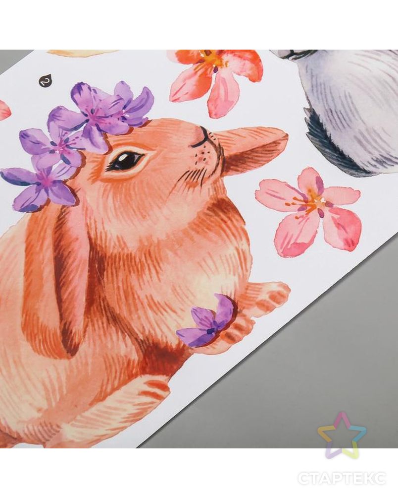 Наклейка пластик интерьерная цветная "Милые кролики с цветочками" 30х90 см арт. СМЛ-208895-1-СМЛ0005512190 3