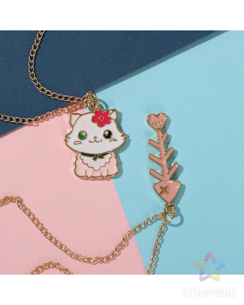 Кулоны "Неразлучники" котик с рыбкой, цвет бело-розовый в золоте, 45 см арт. СМЛ-154185-1-СМЛ0005514375 2