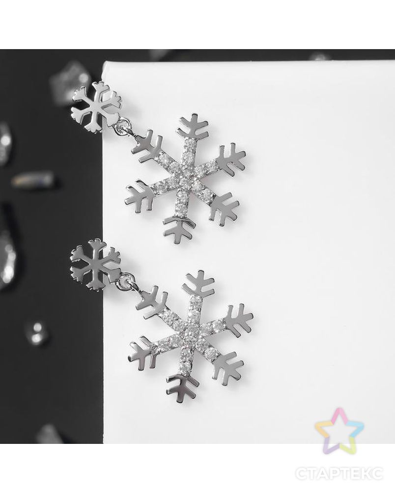 Серьги "Новогодние" снежинки со стразами, цвет белый в серебре арт. СМЛ-129214-1-СМЛ0005571917 1