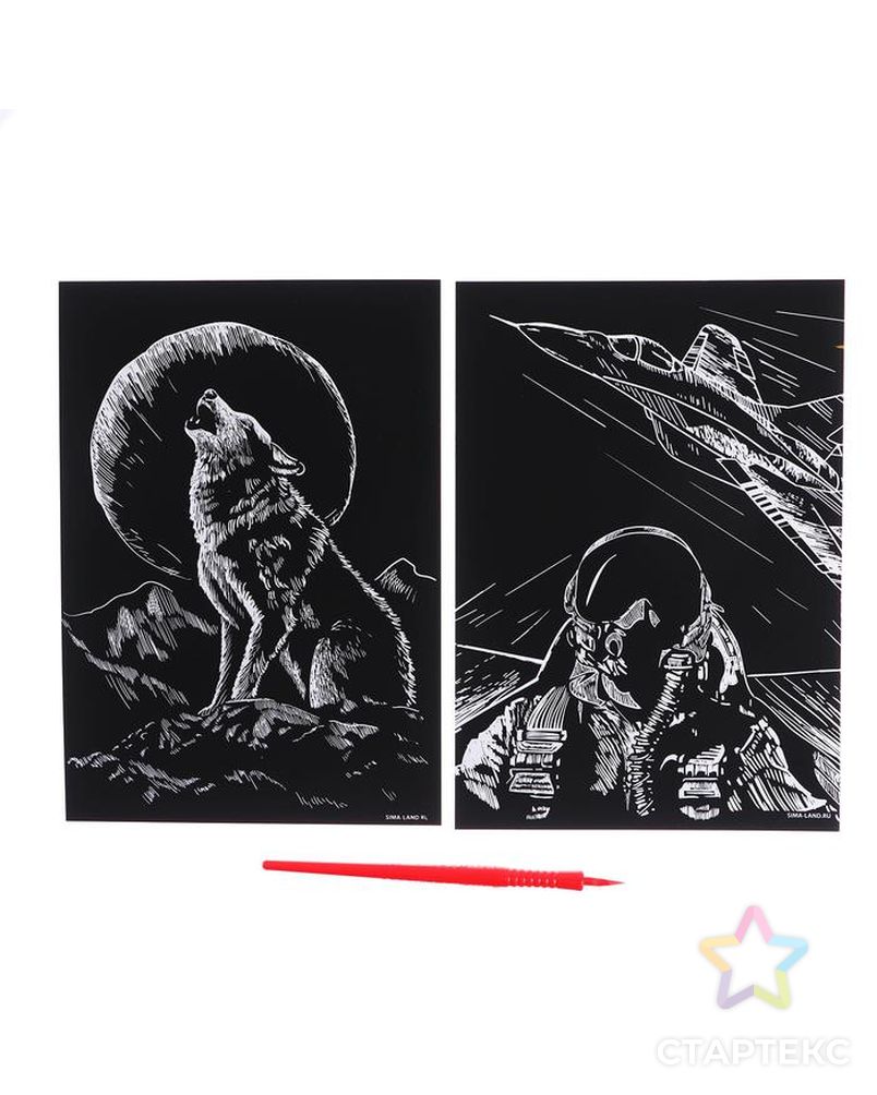 Набор гравюр «Волк и лётчик» с металлическим эффектом «золото», 2 шт., А5 арт. СМЛ-166511-1-СМЛ0005798287 2