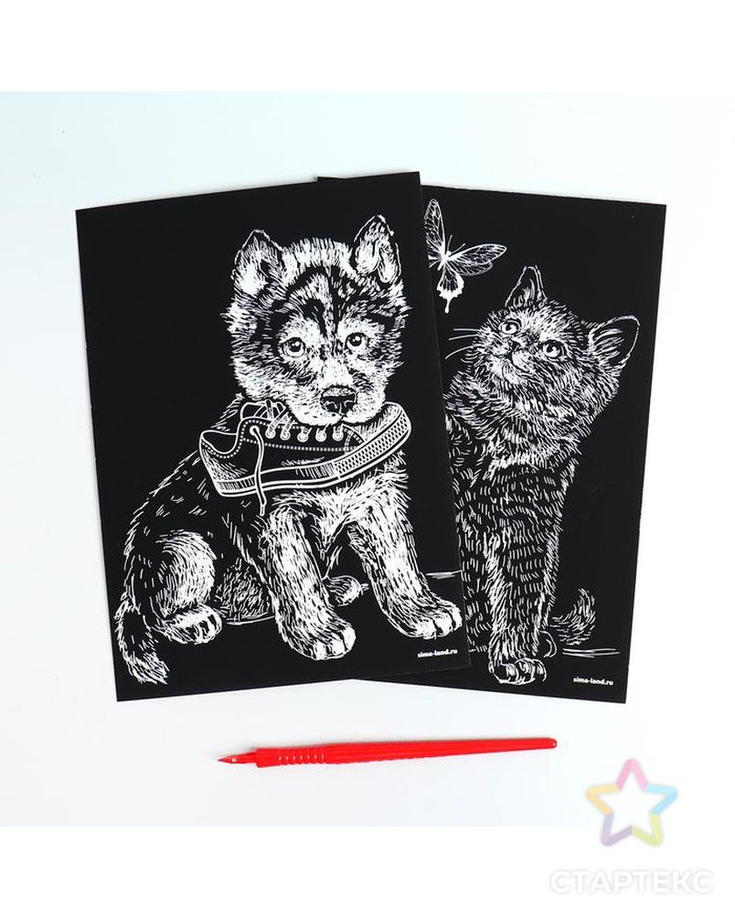 Набор гравюр А5 "Котенок и щенок" с серебряной основой, 2 шт арт. СМЛ-170699-1-СМЛ0005798296 1