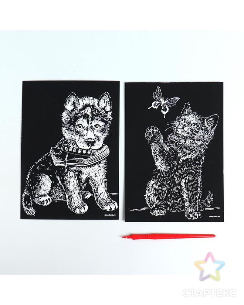 Набор гравюр А5 "Котенок и щенок" с серебряной основой, 2 шт арт. СМЛ-170699-1-СМЛ0005798296