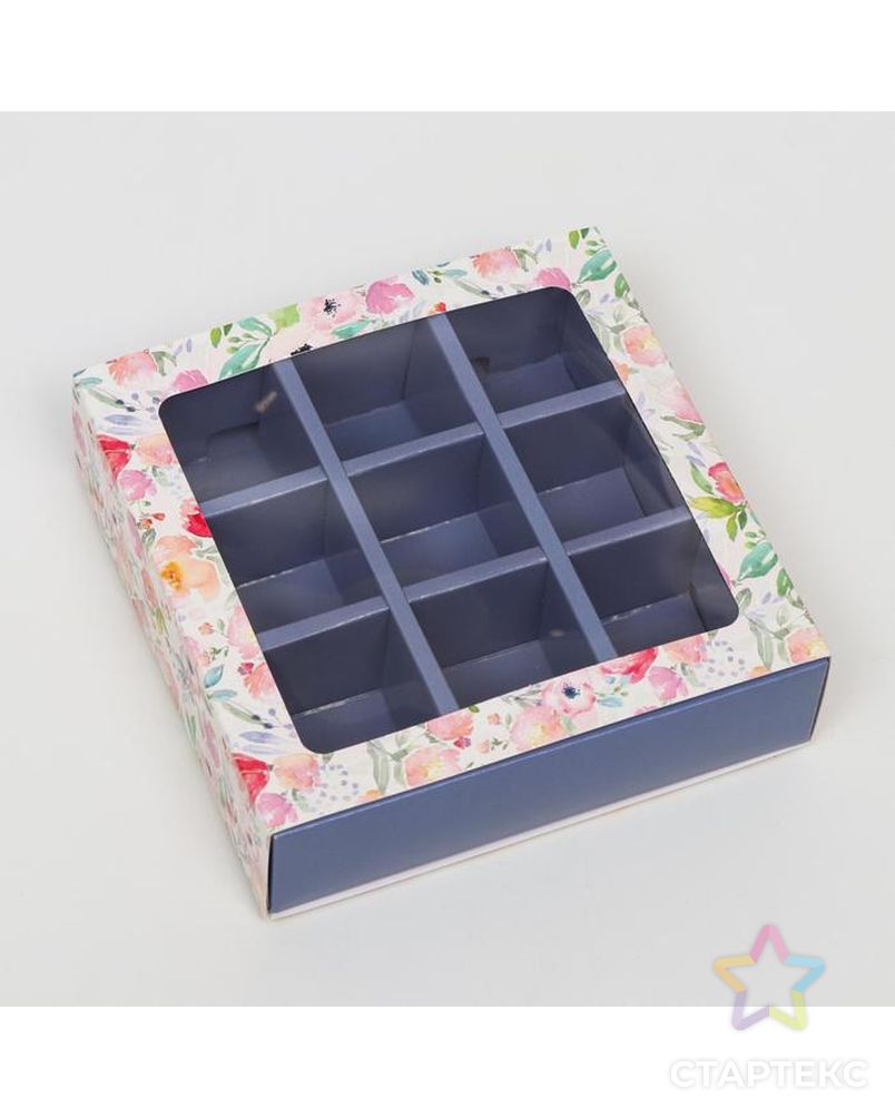 Коробка под 9 конфет с обечайкой "Весна" сиреневая, с окном, 13,7 х 13,7 х 3,5 см арт. СМЛ-136452-1-СМЛ0006259654 1