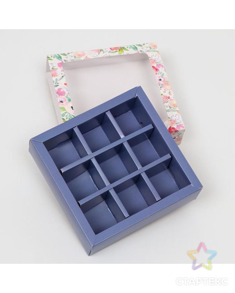 Коробка под 9 конфет с обечайкой "Весна" сиреневая, с окном, 13,7 х 13,7 х 3,5 см арт. СМЛ-136452-1-СМЛ0006259654 4