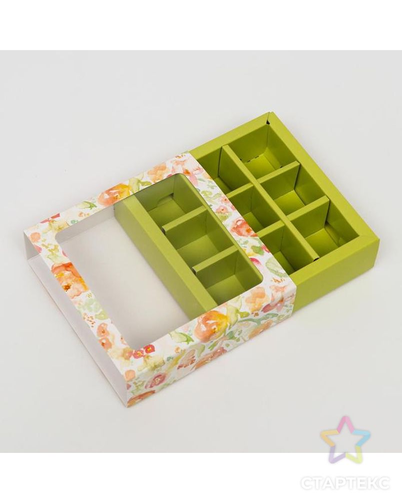 Коробка под 9 конфет с обечайкой "Весна" зеленая, с окном, 13,7 х 13,7 х 3,5 см арт. СМЛ-136453-1-СМЛ0006259656 3
