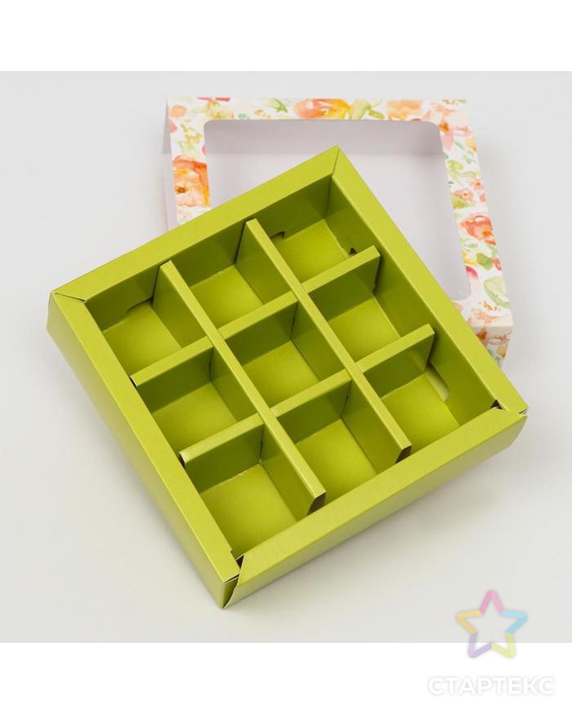 Коробка под 9 конфет с обечайкой "Весна" зеленая, с окном, 13,7 х 13,7 х 3,5 см арт. СМЛ-136453-1-СМЛ0006259656 4