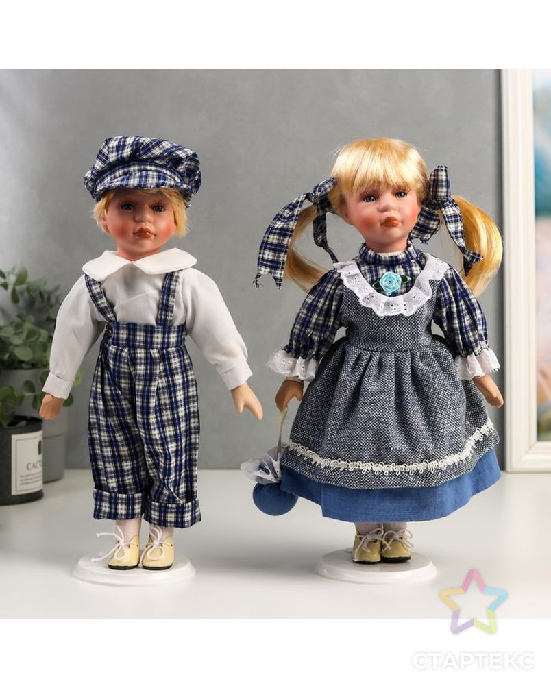 Кукла коллекционная парочка набор 2 шт "Аня и Андрей в нарядах в сине-белую клетку" 30 см арт. СМЛ-198072-1-СМЛ0006260174 1