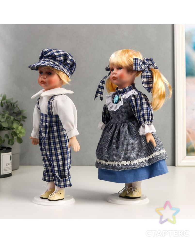 Кукла коллекционная парочка набор 2 шт "Аня и Андрей в нарядах в сине-белую клетку" 30 см арт. СМЛ-198072-1-СМЛ0006260174 2