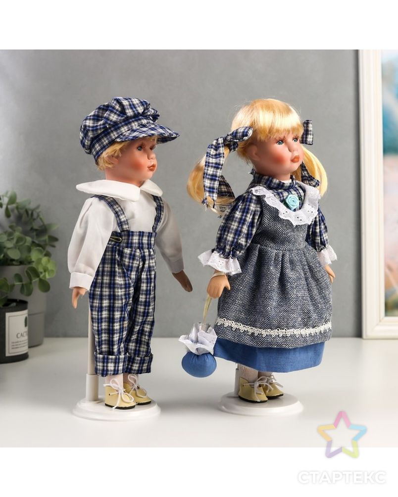 Кукла коллекционная парочка набор 2 шт "Аня и Андрей в нарядах в сине-белую клетку" 30 см арт. СМЛ-198072-1-СМЛ0006260174 3