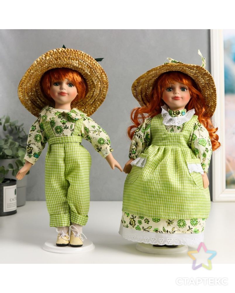 Кукла коллекционная парочка набор 2 шт "Таня и Ваня в ярко-зелёных нарядах в клетку" 30 см арт. СМЛ-198075-1-СМЛ0006260177 1