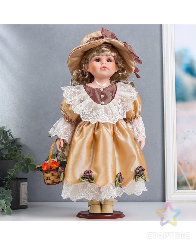Кукла коллекционная керамика "Вика в золотистом платье с корзиной цветов" 40 см арт. СМЛ-189995-1-СМЛ0006260937 1