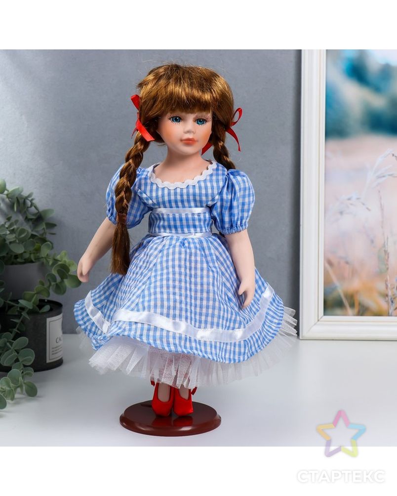 Кукла коллекционная керамика "Мила в синем платье в мелкую клетку" 40 см арт. СМЛ-190868-1-СМЛ0006260940 1