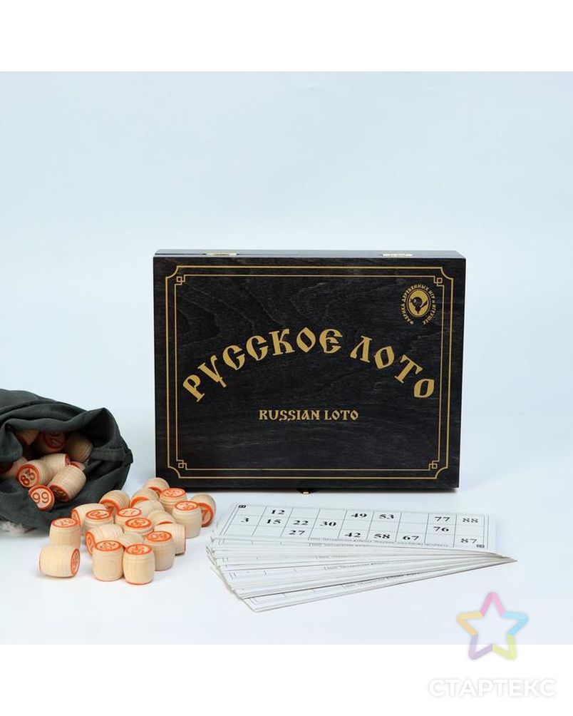 Игра Русское лото в деревянной черной шкатулке, рисунок золото   25х19х6 см арт. СМЛ-148462-1-СМЛ0006300981 1
