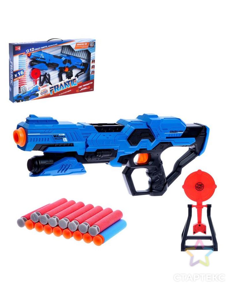 Бластер Frantic, стреляет мягкими пулями, в комплекте с мишенью, цвет синий арт. СМЛ-166538-1-СМЛ0006623295 1