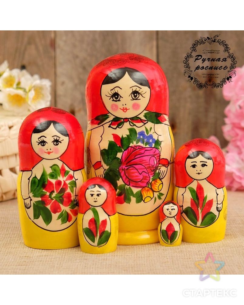 Матрёшка «Семёновская», красный платок, 5 кукольная, 18 см арт. СМЛ-95412-1-СМЛ0000667963