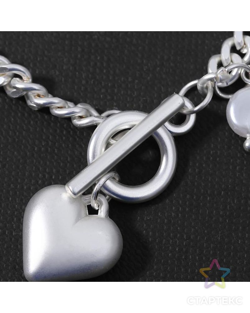Браслет "Цепь" сердце с жемчужинами, цвет белый в матовом серебре арт. СМЛ-147517-1-СМЛ0006766491 2