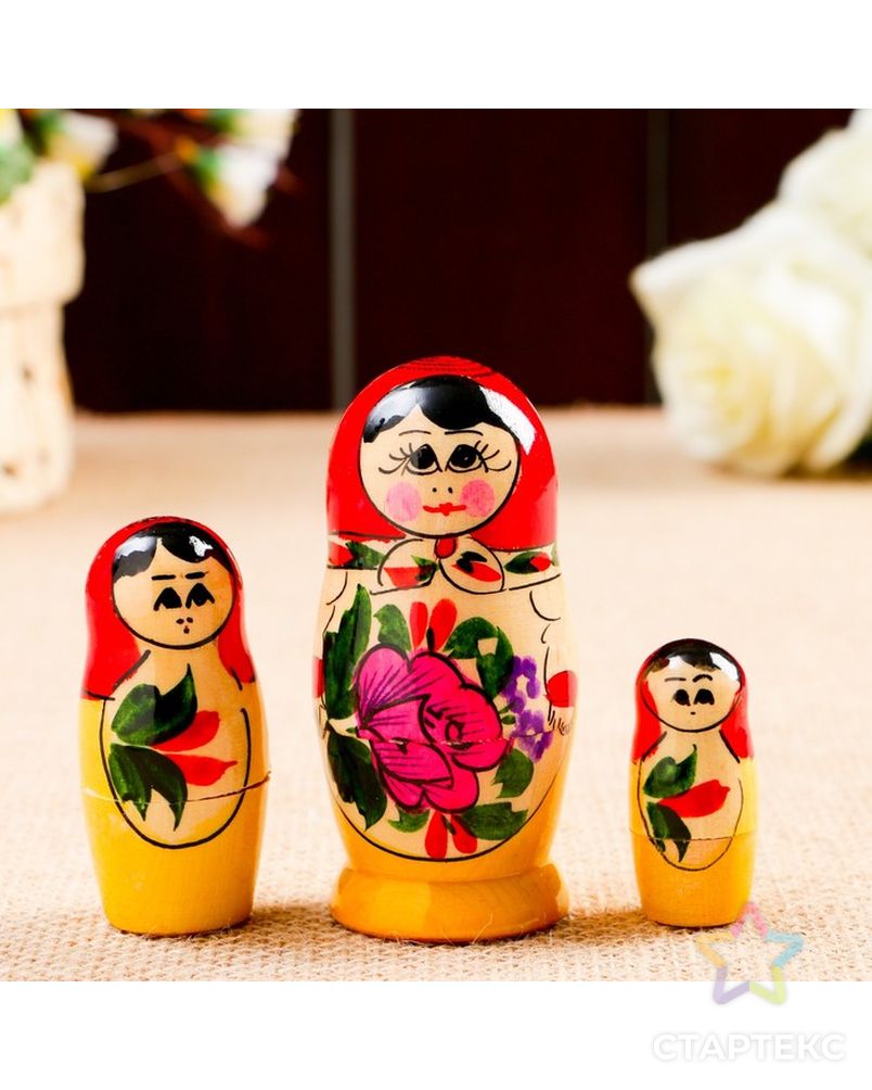 Матрёшка «Семёновская», красный платок, 4 кукольная, 9 см арт. СМЛ-95458-1-СМЛ0000676684