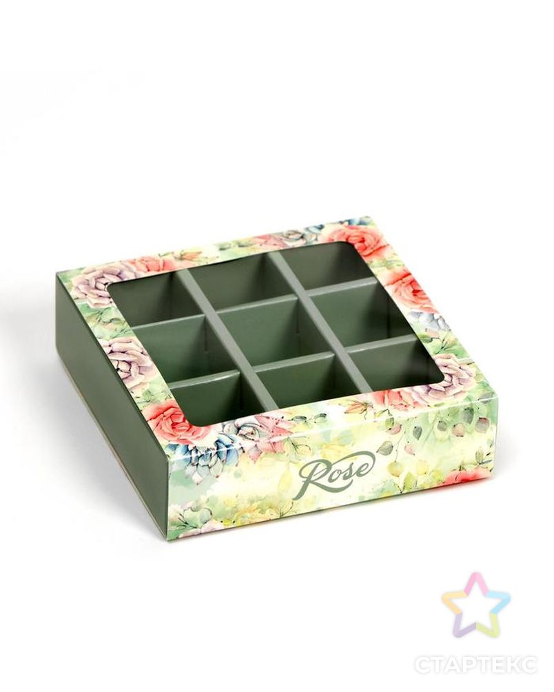 Коробка под 9 конфет с обечайкой "Rose" с окном, 14,5 х 14,5 х 3,5 см арт. СМЛ-146308-1-СМЛ0006775925 1