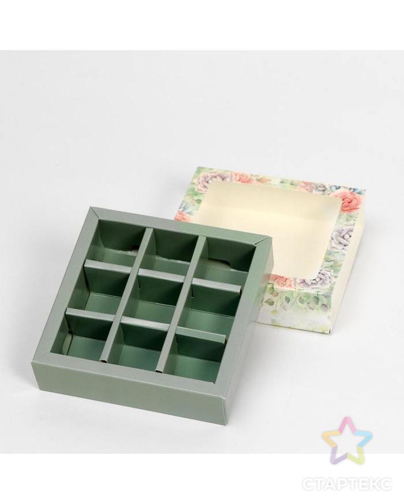 Коробка под 9 конфет с обечайкой "Rose" с окном, 14,5 х 14,5 х 3,5 см арт. СМЛ-146308-1-СМЛ0006775925 5