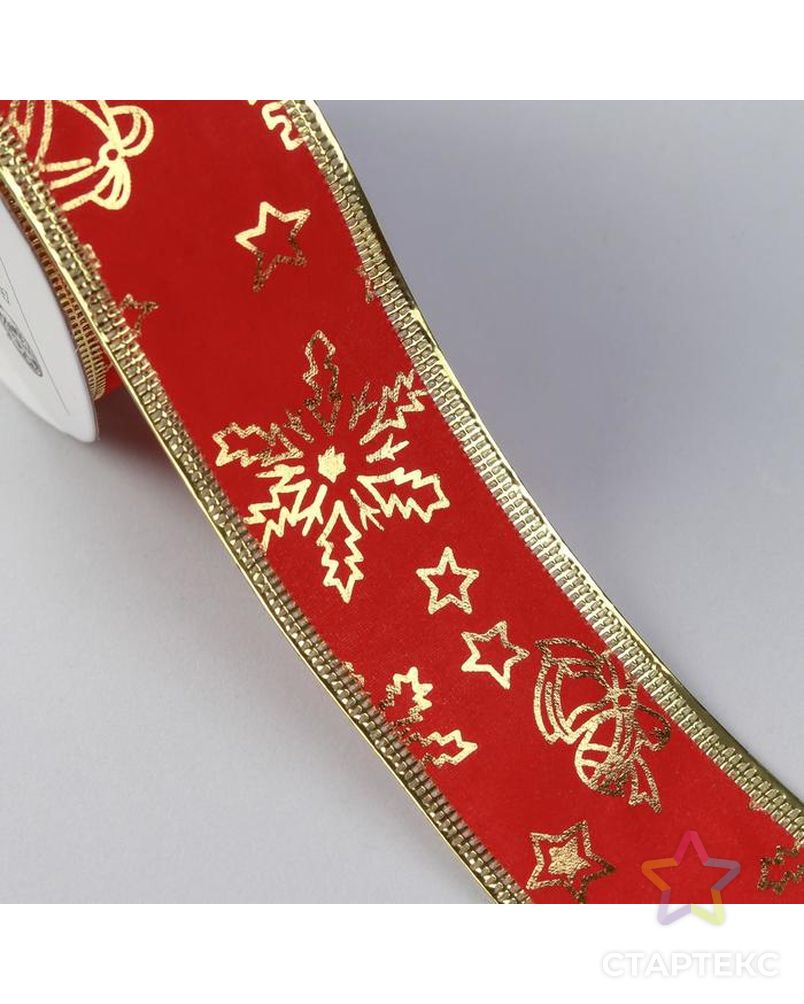 Лента бархатная с металлической нитью «Снежинки», 38 мм, 9 ± 0,5 м, цвет красный/золотой арт. СМЛ-161086-1-СМЛ0006833812 2