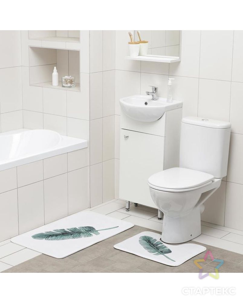 Набор ковриков для ванны и туалета Доляна «Тропический лист», 2 шт: 50×80, 40×50 см арт. СМЛ-159718-1-СМЛ0006847540 2