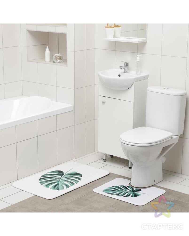 Набор ковриков для ванны и туалета Доляна «Тропический лист», 2 шт: 50×80, 40×50 см арт. СМЛ-159719-1-СМЛ0006847541 2