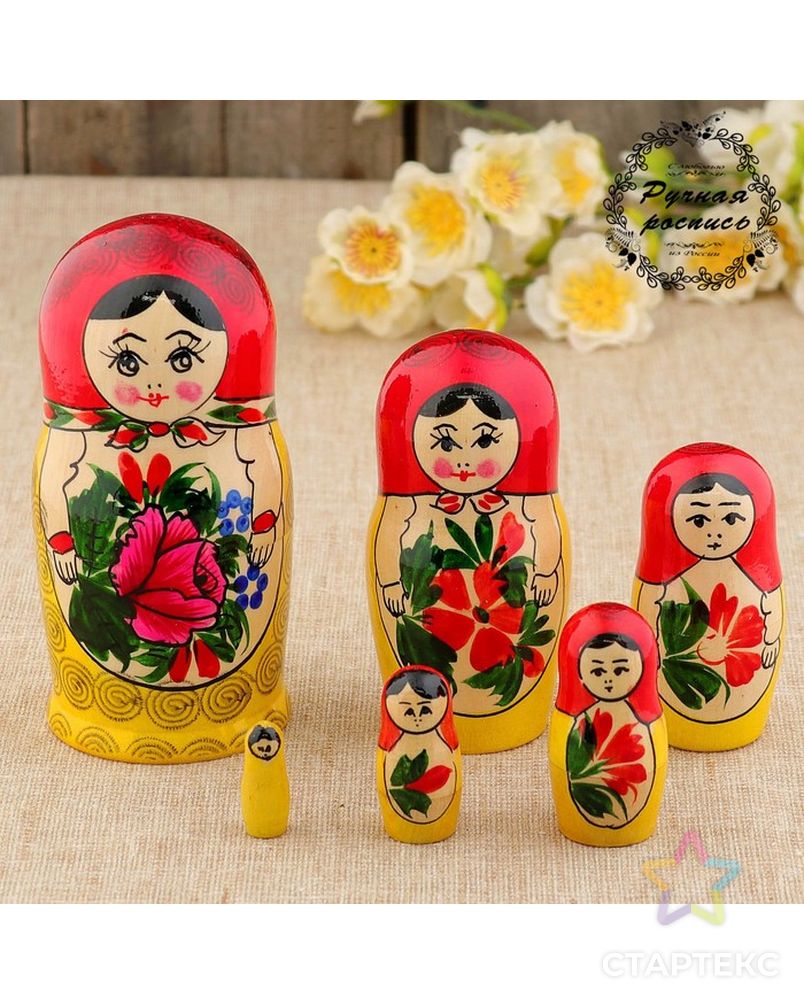 Матрёшка «Семёновская», красный платок, 6 кукольная, 12 см арт. СМЛ-101996-1-СМЛ0000691128