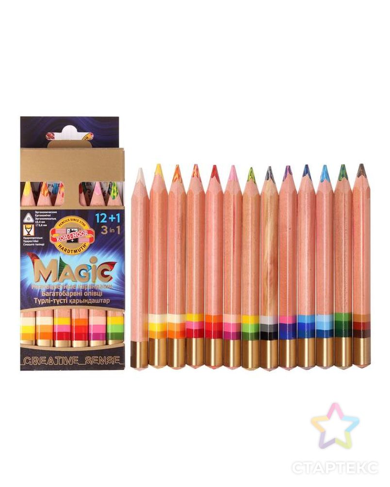 Карандаши многоцветные Koh-i-Noor jumbo MAGIC 3404, 12 штук, с ластиком и точилкой, в картонной упаковке, с европодвесом арт. СМЛ-189195-1-СМЛ0006915778 1