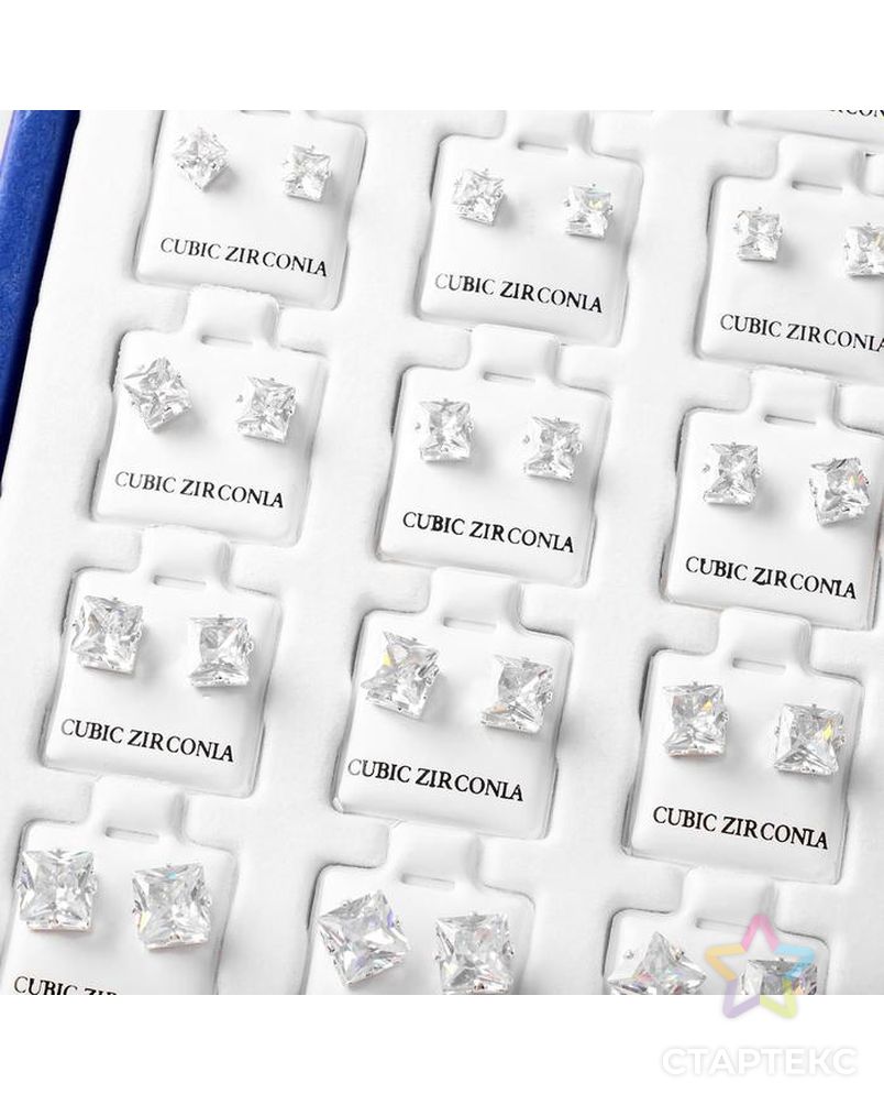 Пусеты в коробочке 36 пар "Ромбик" кристаллики, цвет белый в серебре арт. СМЛ-186683-1-СМЛ0006935318 2