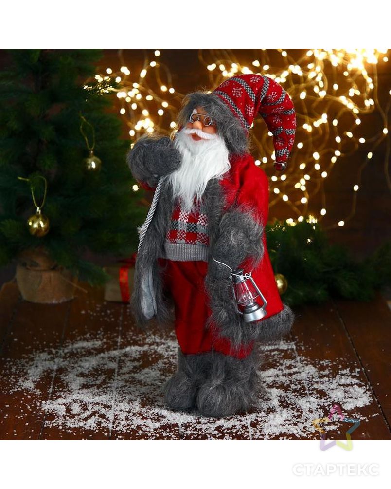 Дед Мороз "В красном клетчатом свитере, с фонариком" 23х45 см арт. СМЛ-185072-1-СМЛ0006938353 3