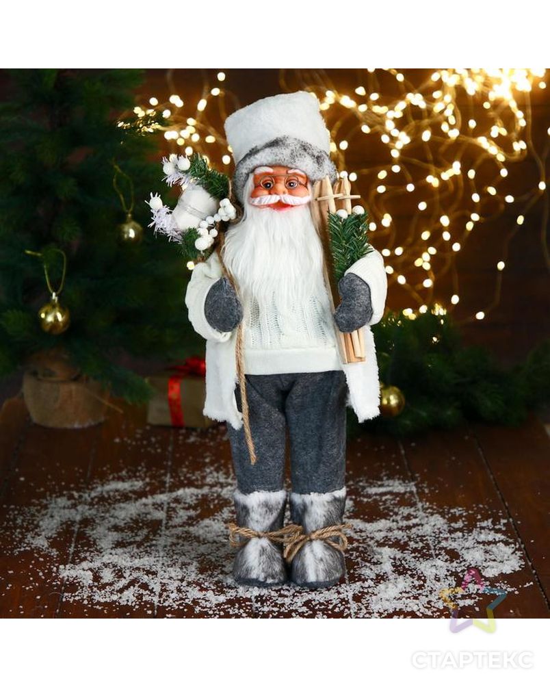 Дед Мороз "В белом свитере, с лыжами" двигается, 17х45 см арт. СМЛ-185084-1-СМЛ0006938369 1