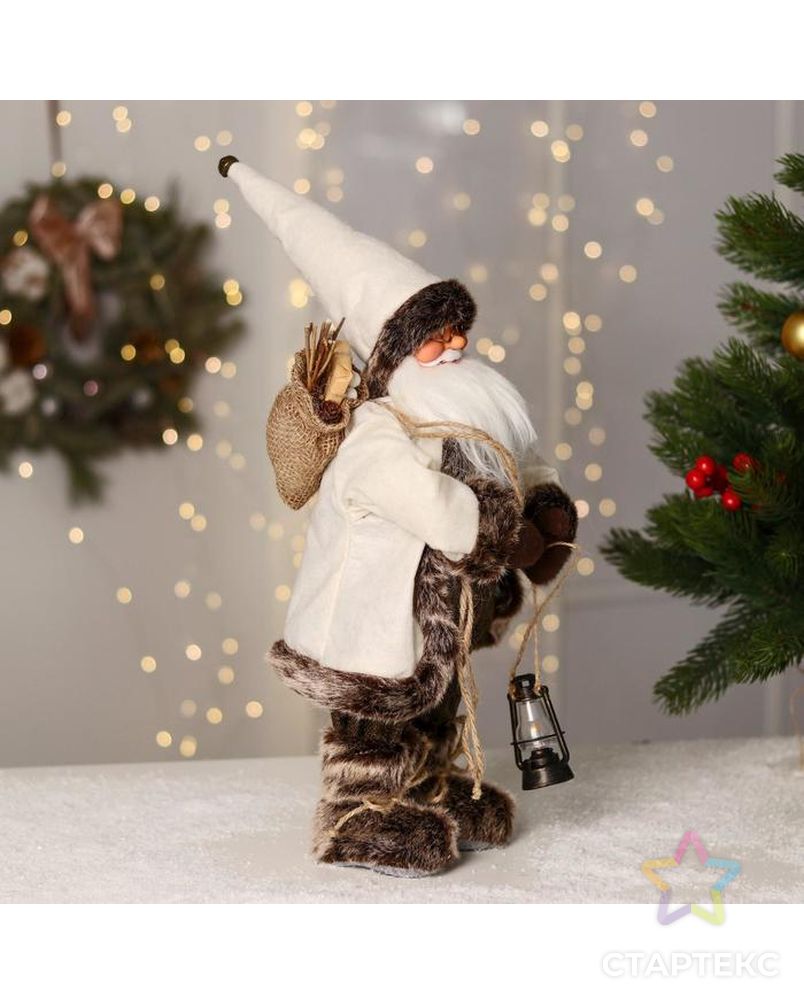 Дед Мороз "В белой шубке, в колпачке, с фонариком" двигается, 17х40 см арт. СМЛ-170850-1-СМЛ0006938371 4