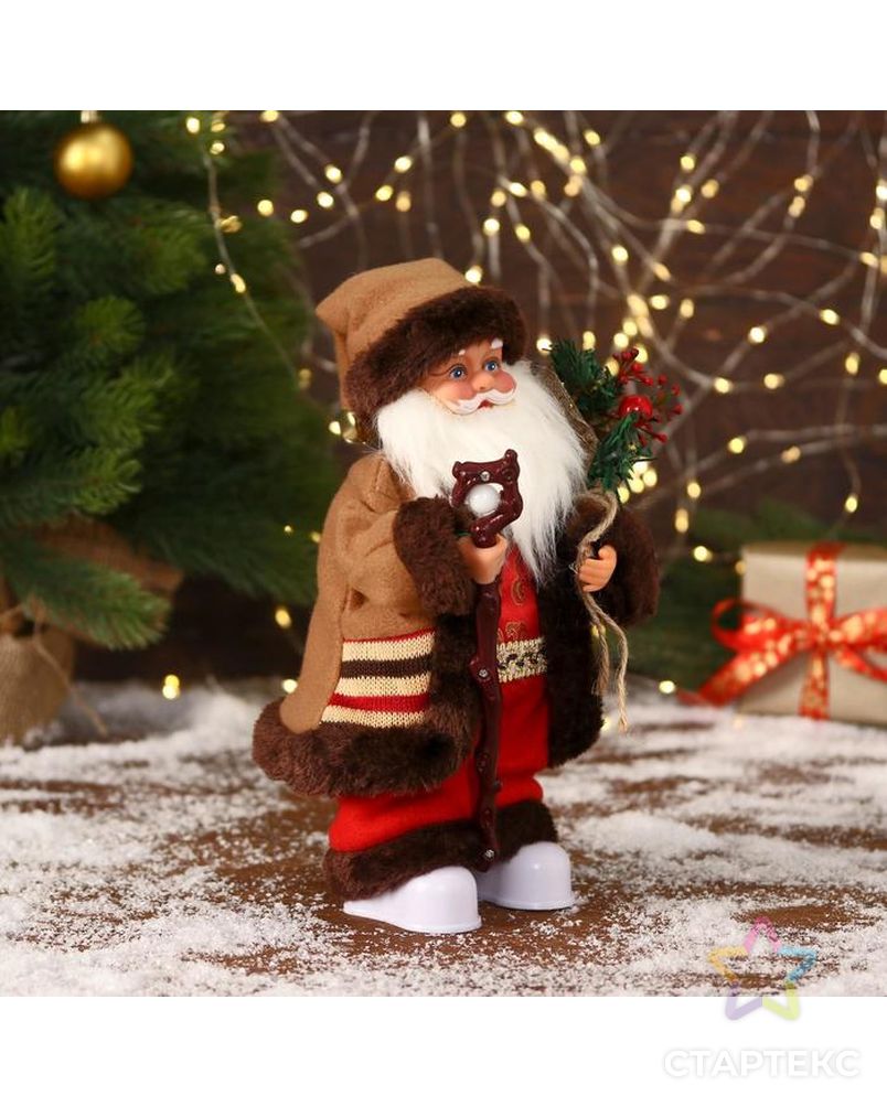 Дед Мороз "В коричневой шубке, с посохом" двигается, 11х30 см арт. СМЛ-170853-1-СМЛ0006938374 4