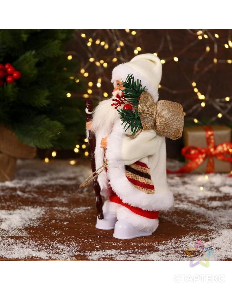 Дед Мороз "В белом костюмчике с орнаментом, с посохом" двигается, 11х30 см арт. СМЛ-170854-1-СМЛ0006938375 2