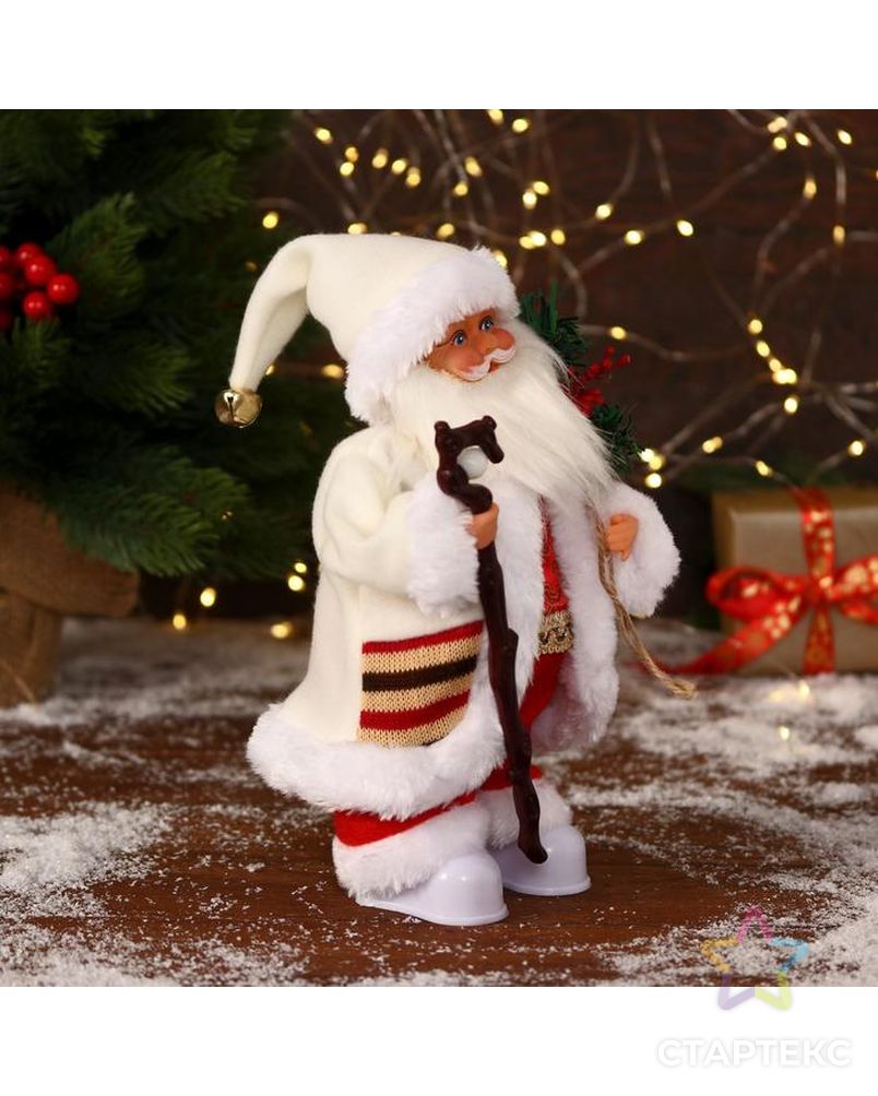 Дед Мороз "В белом костюмчике с орнаментом, с посохом" двигается, 11х30 см арт. СМЛ-170854-1-СМЛ0006938375 3