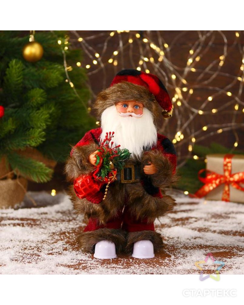 Дед Мороз "В меховом красном костюмчике, с мешком" двигается, 11х30 см арт. СМЛ-170855-1-СМЛ0006938376 1