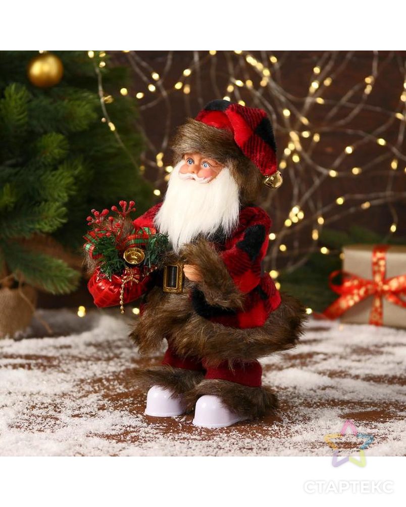 Дед Мороз "В меховом красном костюмчике, с мешком" двигается, 11х30 см арт. СМЛ-170855-1-СМЛ0006938376 2