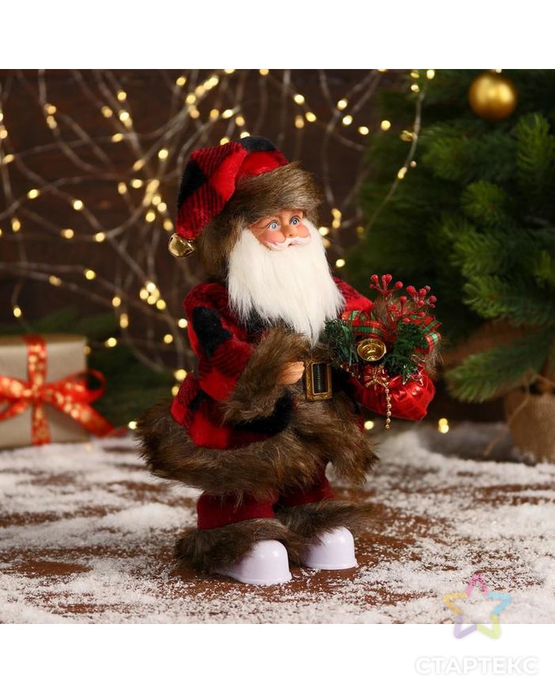 Дед Мороз "В меховом красном костюмчике, с мешком" двигается, 11х30 см арт. СМЛ-170855-1-СМЛ0006938376 4