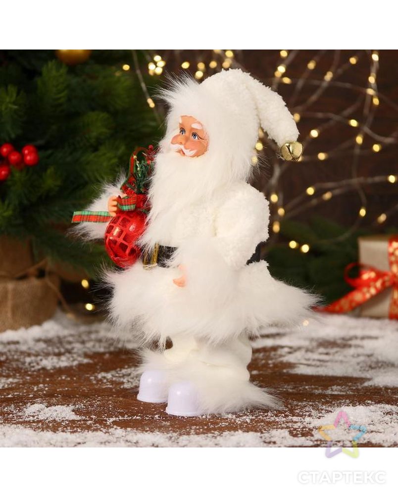 Дед Мороз "В меховом белом костюмчике, с мешком" двигается, 11х30 см арт. СМЛ-170856-1-СМЛ0006938377 2