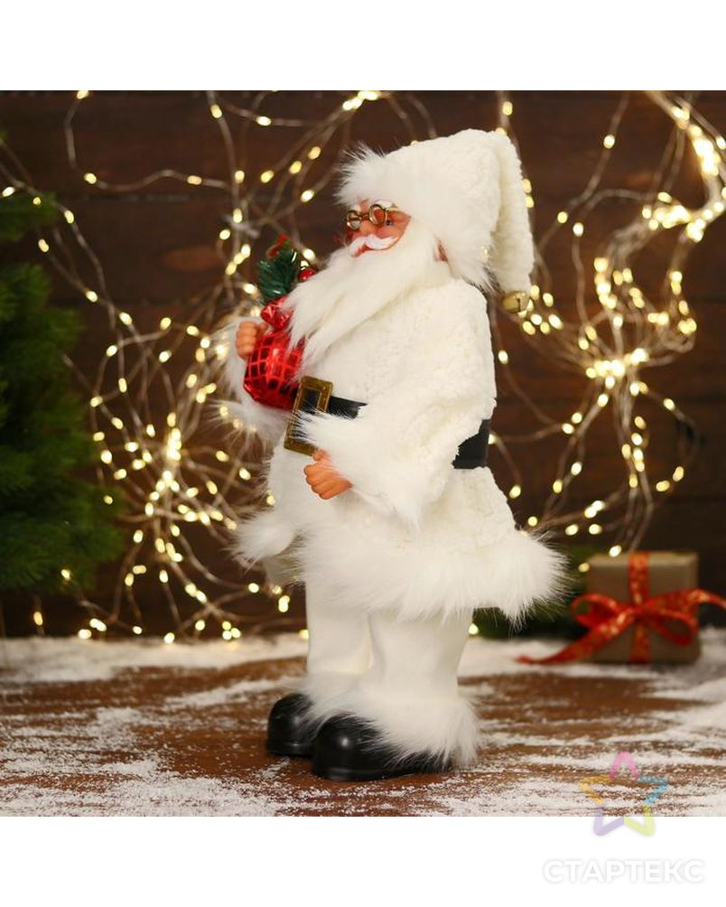 Дед Мороз "В меховом белом костюмчике, с мешком" двигается, 20х40 см арт. СМЛ-170857-1-СМЛ0006938378 2