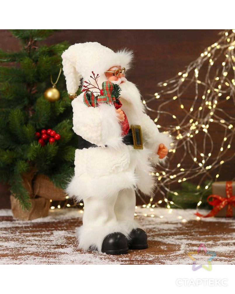 Дед Мороз "В меховом белом костюмчике, с мешком" двигается, 20х40 см арт. СМЛ-170857-1-СМЛ0006938378 4